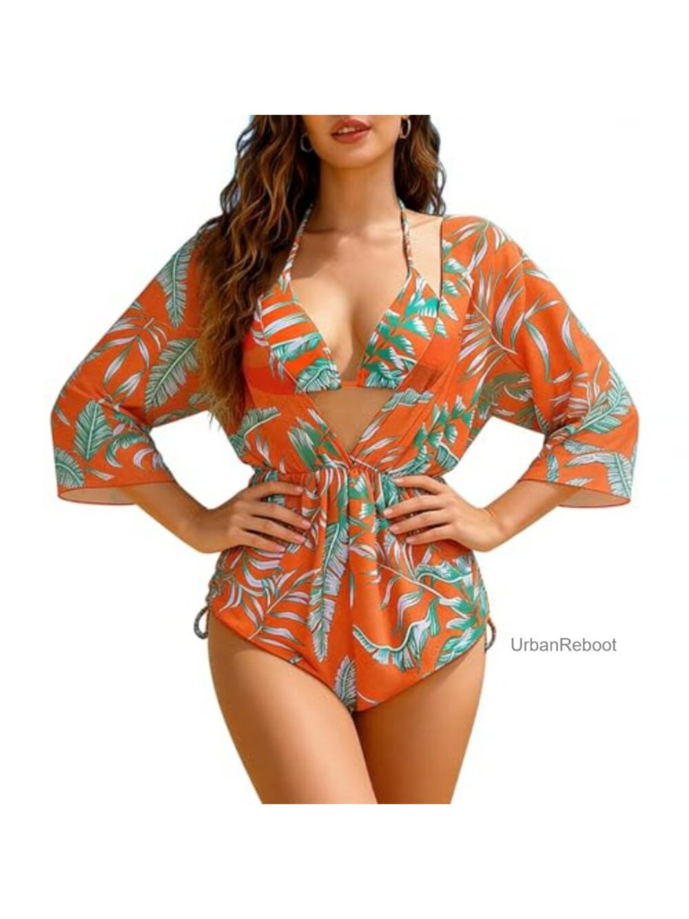 Women's 3 Piece Bikini Set with Sheer Mesh Cover Up Tropical Beachwear